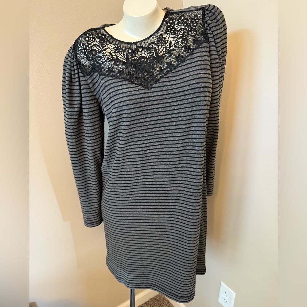 NWT Ann Taylor Loft Black Mini Dress Sz Medium gray stripe lace/crochet neck NEW